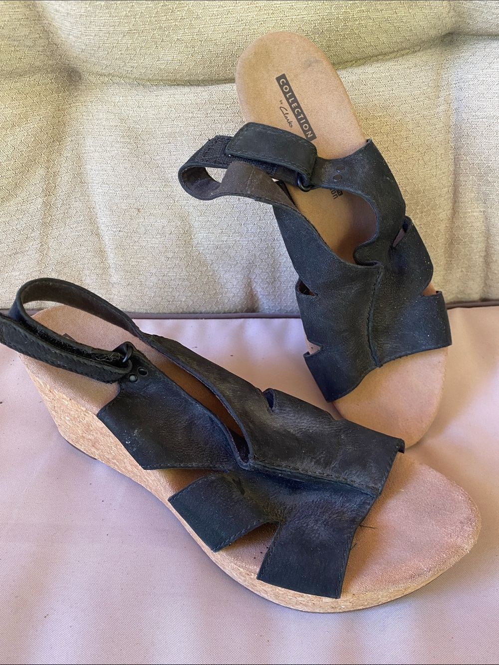 Collection B Black Leather Wedge Slingback Sandals